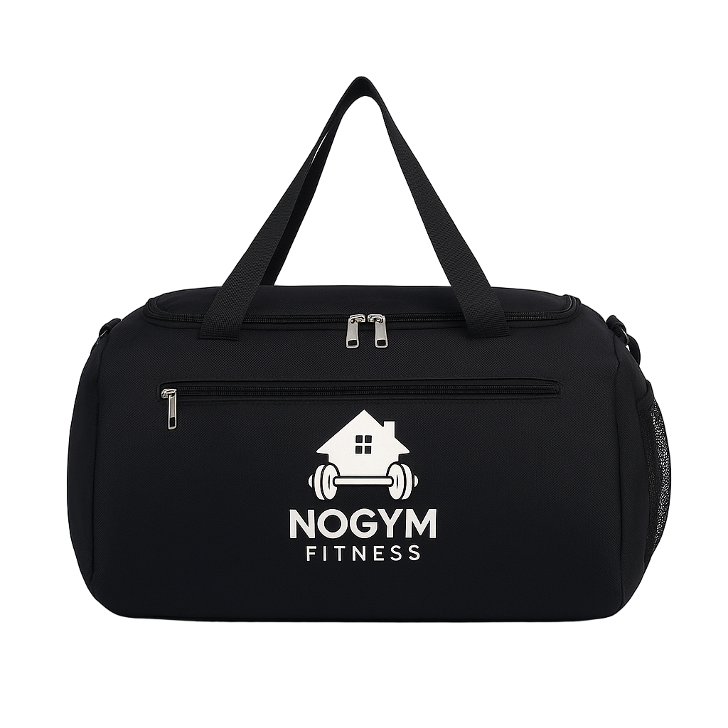 Black duffel bag with 'NOGYM FITNESS' logo on a light gray background