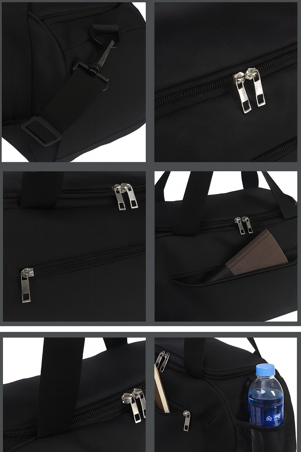 Black backpack with multiple views showing zippers and a water bottle pocket.